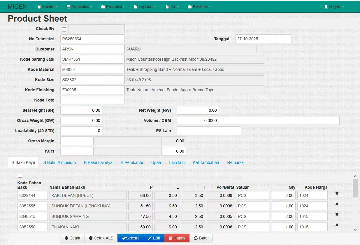Product Sheet Transaction